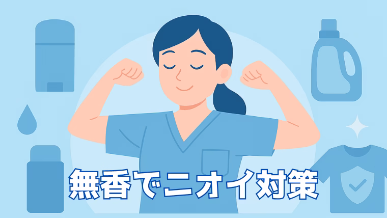 無香料で体臭対策をする女性と消臭アイテムのイラスト