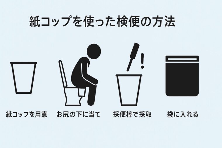 紙コップを使った検便方法の手順イラスト：紙コップを用意し、お尻の下に当て、採便棒で採取して袋に入れる