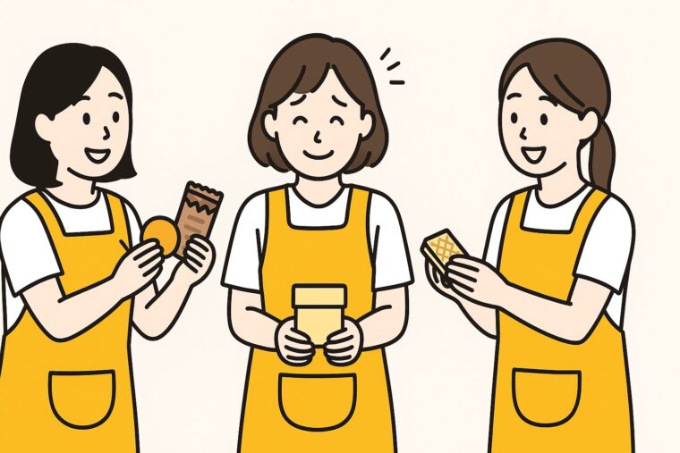 2人の女性から差し入れをもらって困っている介護士のイラスト