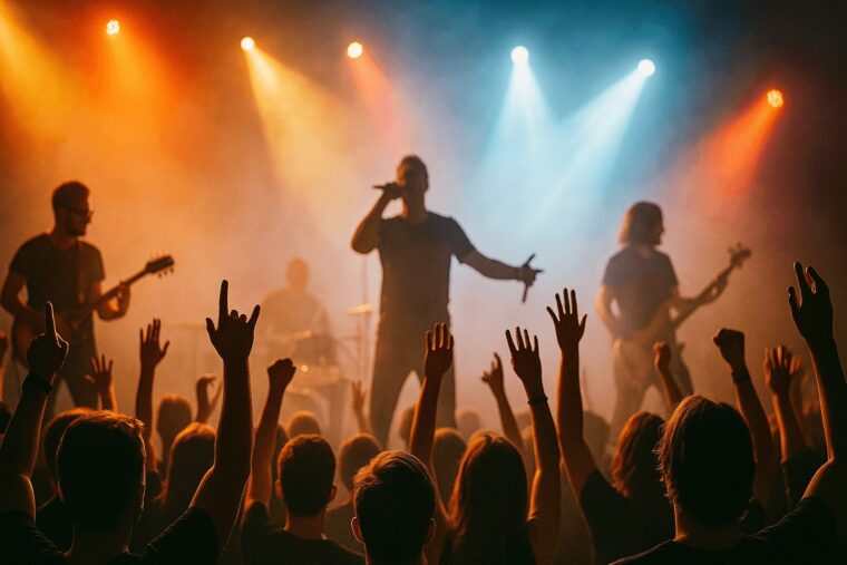 ステージ上で演奏するバンドと、手を挙げて盛り上がる観客たちのライブ会場の様子