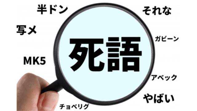 「死語」として分類された流行語たち（例：チョベリグ、MK5、ガビーンなど）を虫眼鏡で探しているイメージ
