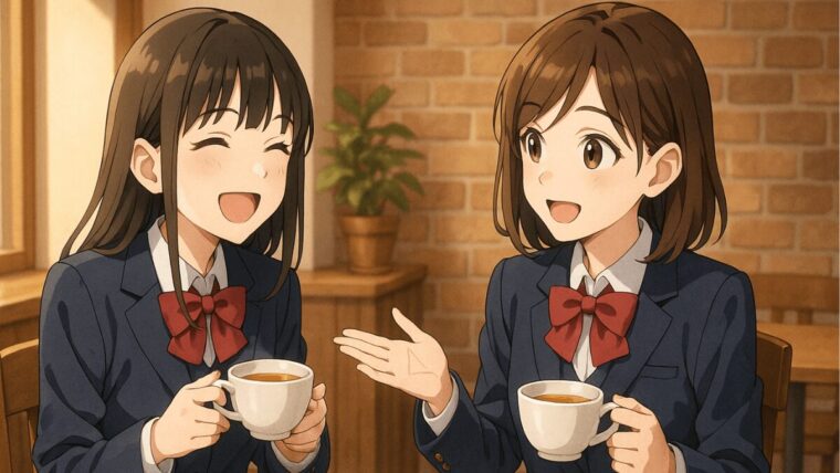 カフェでお茶を飲みながら楽しく趣味の話をしている女子高生2人のイラスト