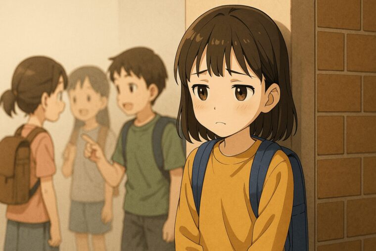 話の輪に入れず寂しそうに立っている引っ込み思案な小学生の女の子のイラスト