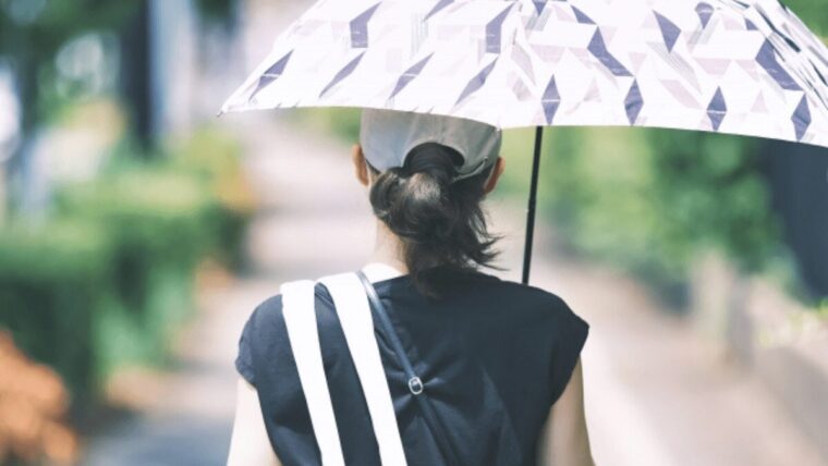 日傘をさして夏の道を歩く女性の後ろ姿